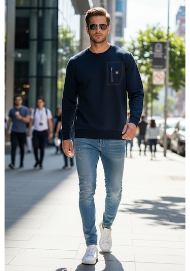 Remsa Erkek Fermuar Detay Bisiklet Yaka Pamuklu Sweatshirt 24722 Koyu Lacivert Koyu Lacivert