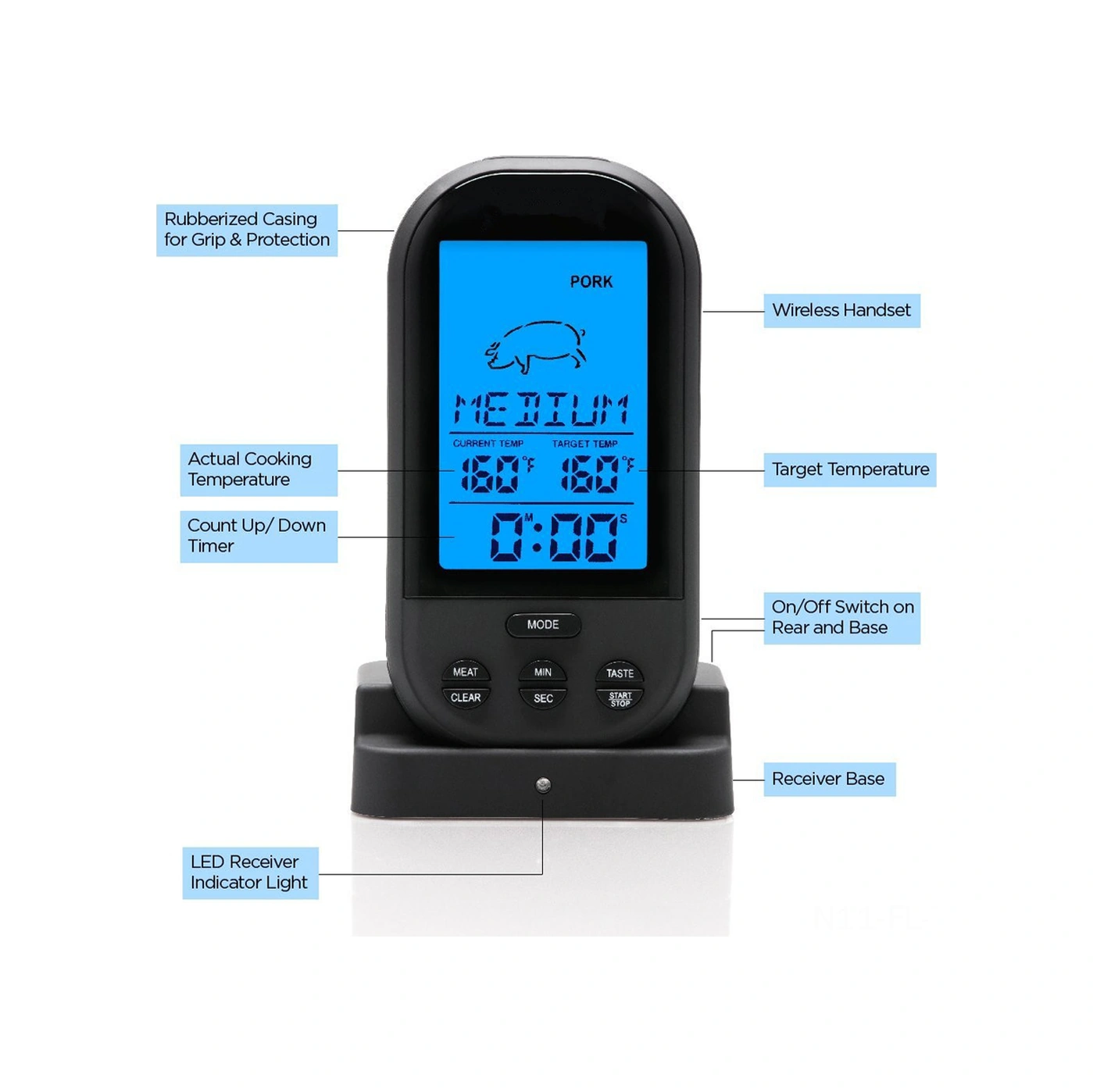 Lemestar Küçük Siyah Kablosuz Mutfak Isı Ölçer, 0-250 C Aralığı, 20-30m Alınım Mesafesi, Pil İçermez Çok Renkli