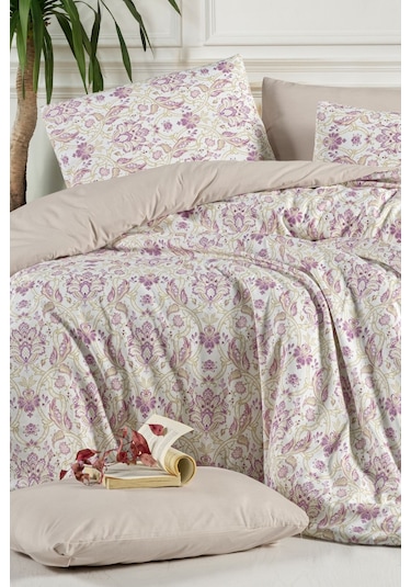 Lastikli Çarşaflı Tek Kişilik Nevresim Takımı İvy Krem Mor