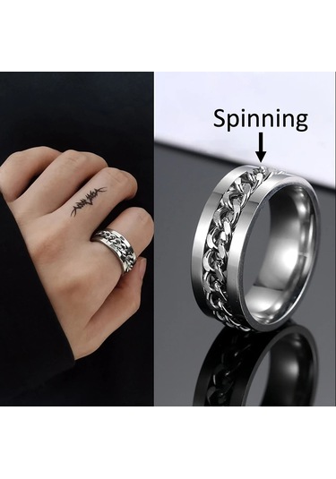 Ortası Dönebilen Zincirli Erkek Kadın Anti-stres Çelik Alyans Yüzük Cl43 Beyaz