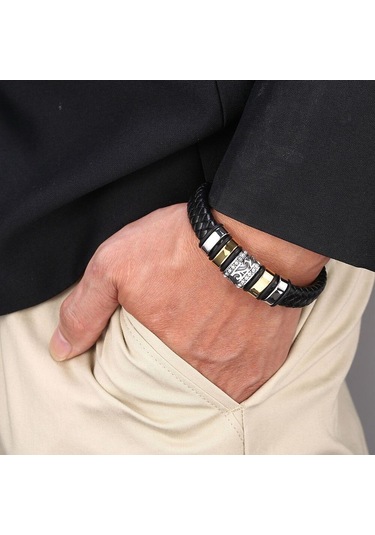 Erkek Paslanmaz Çelik Lüks Bileklik Erkek Siyah Deri Bileklik El Dokuması Aksesuarlar Kombinasyonu Sevgililer Günü Hediyesi Siyah
