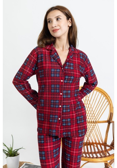 Yeni Sezon Düğmeli Süet Kadın Pijama Takımı 5503-kırmızı Kırmızı