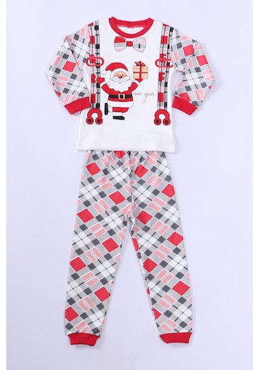 Çocuk Yılbaşı Pijama Takımı Noel Baba Baskılı Ribanalı D8 Kırmızı