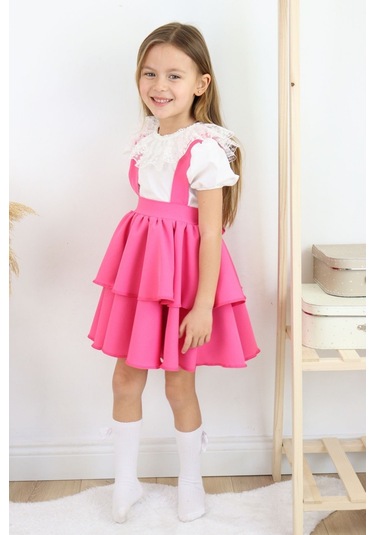 Kız Çocuk Helen Pembe Askılı Kat Kat Bağlama Jile Elbise Dantel Detay Ekru Kısa Kollu Bluz Takım