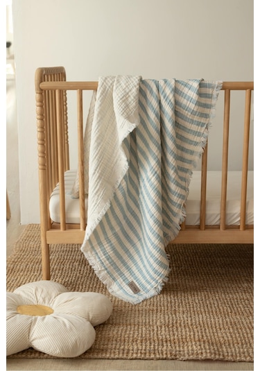 Zeypba Mavi Çizgili 4kat Müslin Püsküllü 4 Katlı Müslin 110x110cm Mavi - Beyaz