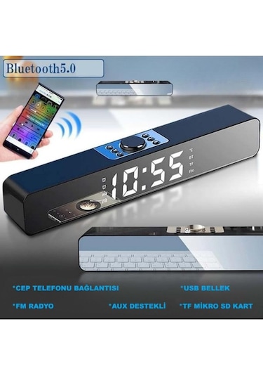 Bluetooth Hoparlör Şarjlı Ses Sistemi Led Ekran Fm Çalar Saat Sıcaklık Pc Usb Aux Tf Kart