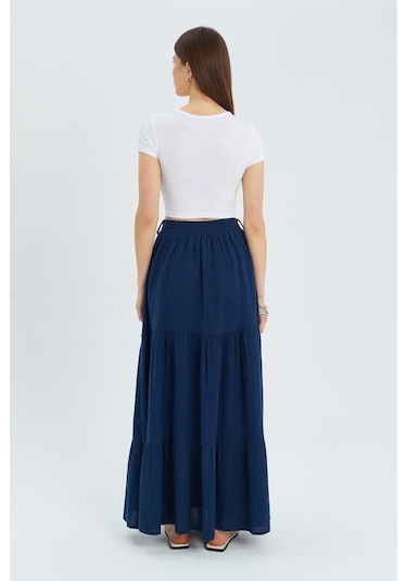 4567 Kadın Fırfırlı Uzun Müslin Etek Lacivert Lacivert