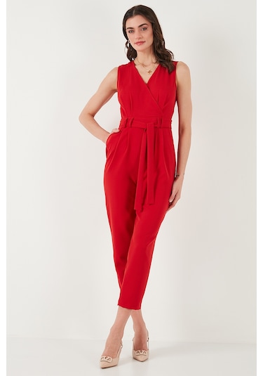 Lela Slim Fit Düz Paça Kruvaze Yaka Kemerli Bayan Tulum 6783626 Kırmızı
