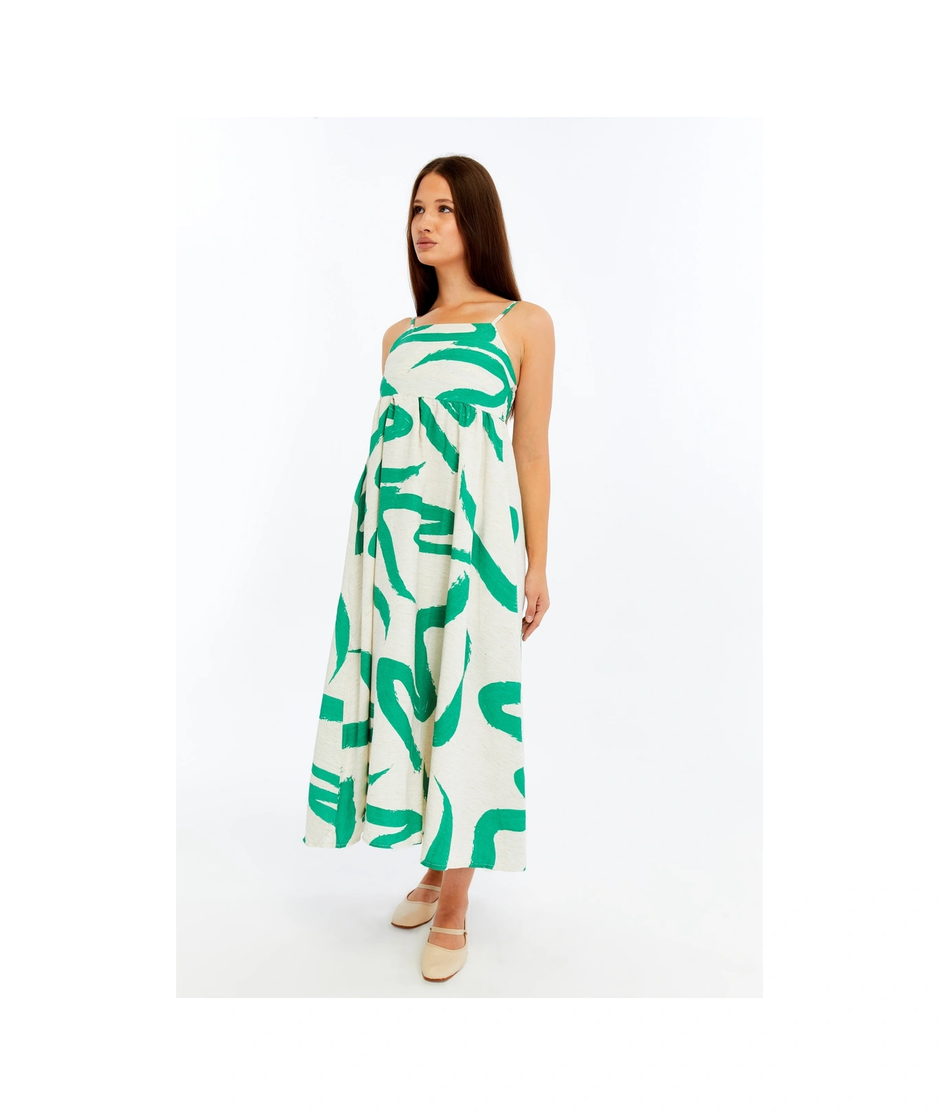 Kadın Askılı Desenli Midi Elbise Rahat Yazlık Günlük & Şık Elbise Yeşil
