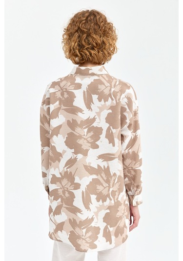 Yaprak Desenli Ferah Kumaş Pantolonlu Takım Bej Beyaz