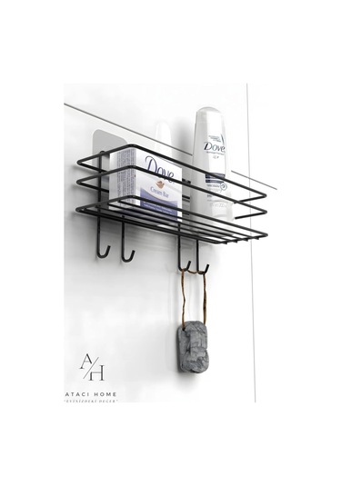 Atacı Paslanmaz Yapışkanlı 4 Kancalı Banyo Rafı Mat Siyah Banyo Şampuanlık Duşakabin Duş Askısı Siyah