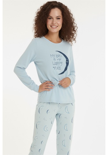 Luxury Thermal Hilal Desenli Kadın Polar Kışlık Pijama Takımı 42064 Lacivert