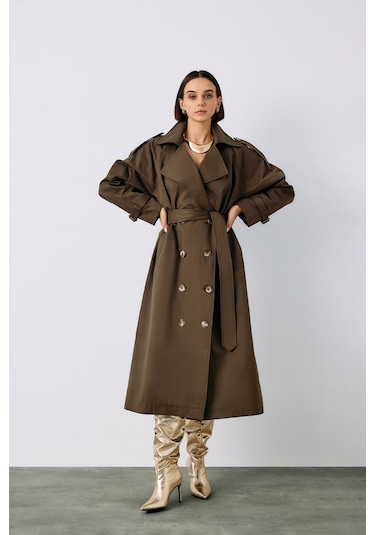 Sateen Kuşaklı Uzun Trenç - Haki-135232 Haki