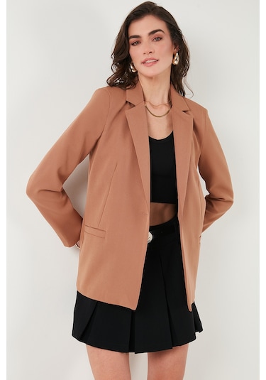 Lela Standart Fit Mono Yaka Desenli Astar Detaylı Blazer Bayan Ceket 6524003 Camel