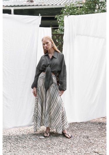 Peigi Çizgili Parçalı Siyah Midi Etek Siyah