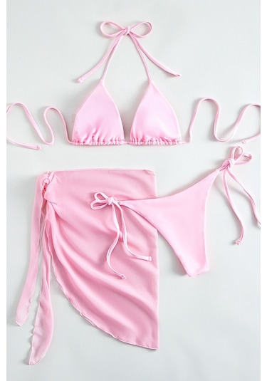 Angelsin Pareolu Bağlamalı 3'lü Bikini Takım Set Çıkartılabilir Kaplı Pembe