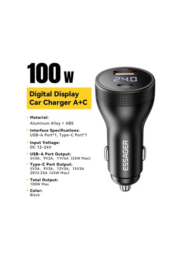 Essager Essager 100w Araç Şarj Cihazı Usb C Pd 45w İphone Uyumlu 15 Pro/14 Xiaomi Poco Samsung Uyumlu S24 Hızlı Şarj Evrensel Chınadistribütör Garantili