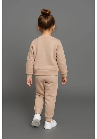 Sevimli Ayıcık Nakışlı %100 Pamuk 2 Li Çocuk Eşofman Takımı Kahverengi