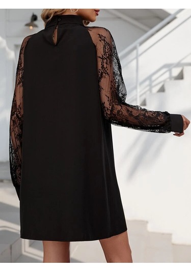 Kadın Uzun Kollu Tül Detay Sandy Mini Boy Elbise Siyah