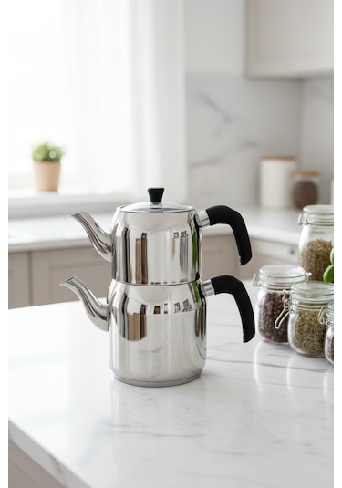 Yunusoğlu Home Hanzade Aile Boy Paslanmaz Çelik Çaydanlık Parlak Gümüş, Ergonomik Saplı, Yüksek Isı Dayanımlı Gri