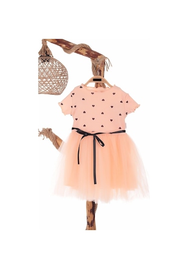 Kalp Baskılı 2-7 Yaş Arası Somon Kız Çocuk Tüllü Elbise Doğum Günü Özel Gün Ve Geceler İçin SOMON