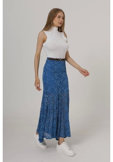 Bel Lastikli Dantel Etek - Mavi Mavi