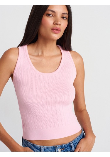 Dilvin 10759 Fitilli Ajurlu Triko Bluz-pembe Pembe