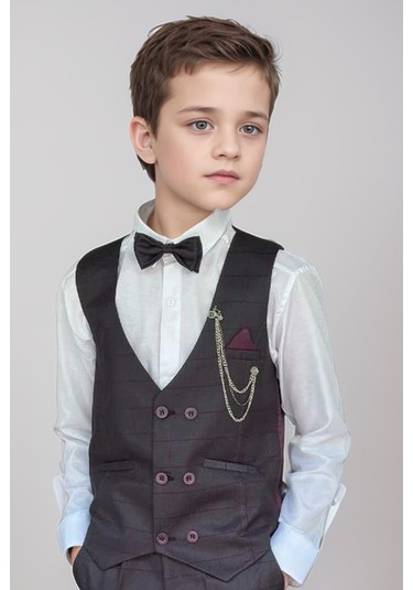 Riccotarz Erkek Çocuk Cepken Yelekli Ekose Desenli Mürdüm Çizgi Detaylı Takım Elbise 10-14 Yaş Mürdüm