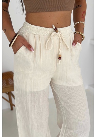 Beli Lastikli Geniş Paça Pantolon Ekru Ekru
