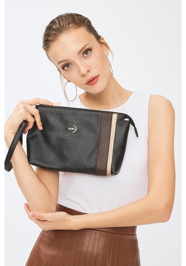 Deri Company Kadın Basic Clutch Çanta Düz Desenli Şeritli Logolu Siyah Kahverengi (4006S-KA) 214012 Siyah
