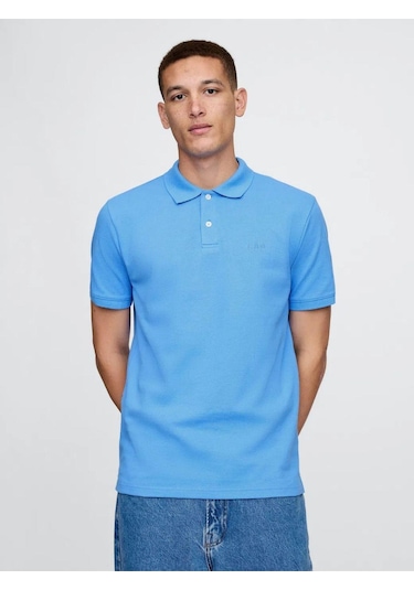 Logo Piqué Polo Yaka Erkek T-shirt Mavi-7583 Mavi