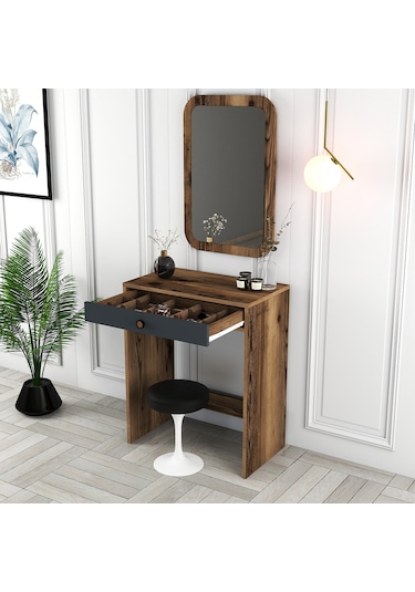 Lizbon Mini Makyaj Masası Aynalı - Ceviz / Antrasit
