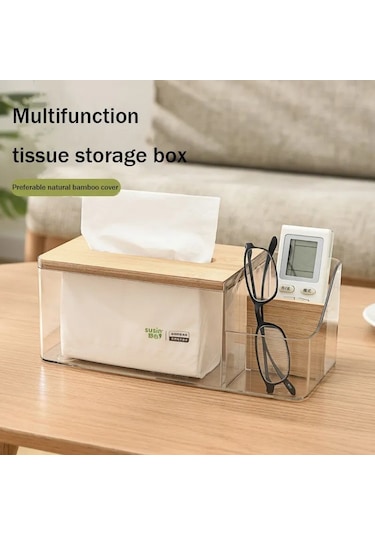 Şeffaf-çok Fonksiyonlu Uzaktan Kumanda Doku Saklama Kutusu Ev Oturma Odası Yemek Odası Masaüstü Dekorasyon Ahşap Kapak Doku Kutusu