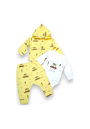 Araba Desenli Hırkalı Erkek Bebek Takım sarı