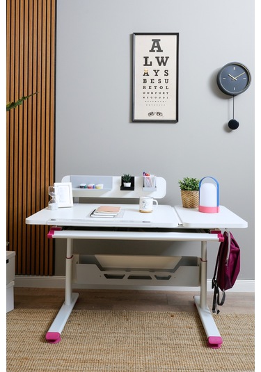 Vega Standart Yükseklik Ve Eğim Ayarlı, Modern Çekmeceli Bilgisayar, Ofis Ve Çalışma Masası Fuşya Gri