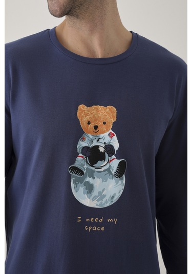 Erkek Pamuklu Uzun Kollu Üst Astronot Baskılı Alt Çizgili Pijama Takımı Ke30106 Mavi - Beyaz