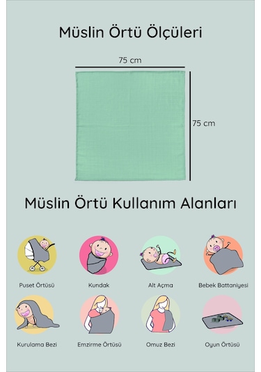 Luckka Dijital Baskılı 3'lü Müslin Örtü Seti - 75x75 Cm - Zt5000 Yeşil Yeşil