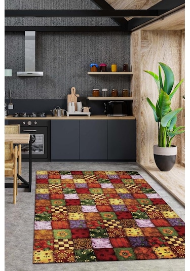 Homshtag Mutfaktaki Bahar Çiçekli Renkli Dekoratif Patchwork Mutfak Halısı Çok Renkli