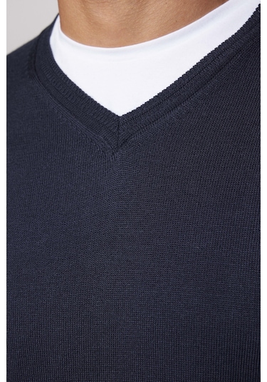 Tudors Slim Fit Dar Kesim V Yaka Tüylenmeyen Yumuşak Doku Lacivert Erkek Kazak-28767-lacivert Lacivert