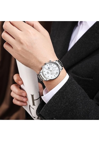 Yingfu Siyah Tarih Göstergeli Paslanmaz Çelik Kuvars Erkek Saati Siyah