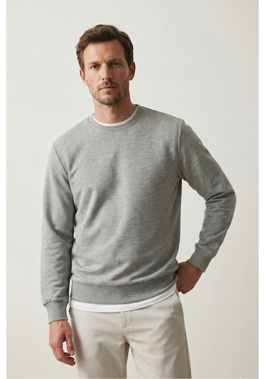 Elemge Pamuklu Erkek Sweatshirt Gri Soft Touch Relax Fit Basic Bisiklet Yaka 3 Iplik Nefes Alan