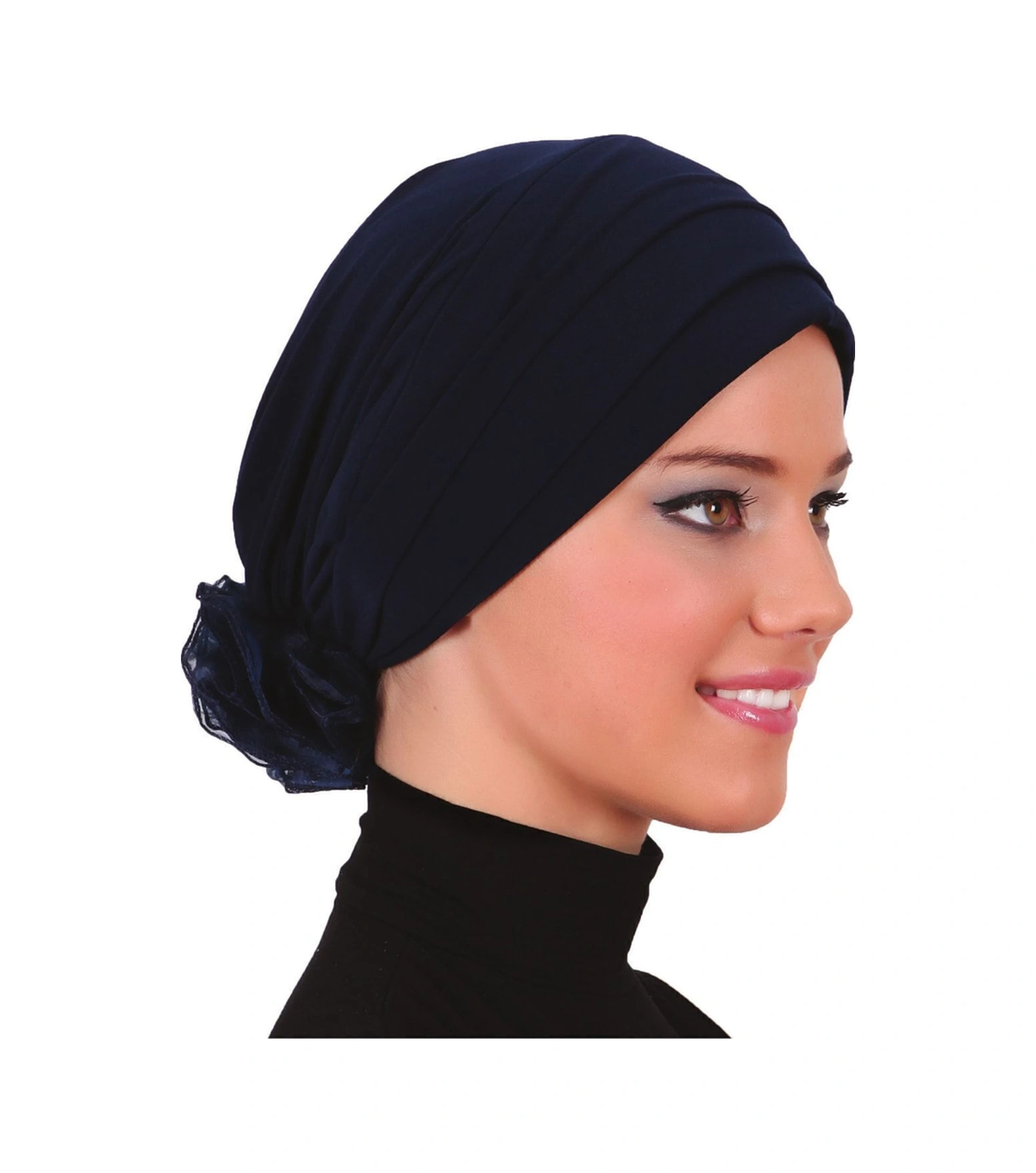 Katlı Arkası Organze Güllü Lacivert Hazır Türban Tesettür Bone Lacivert