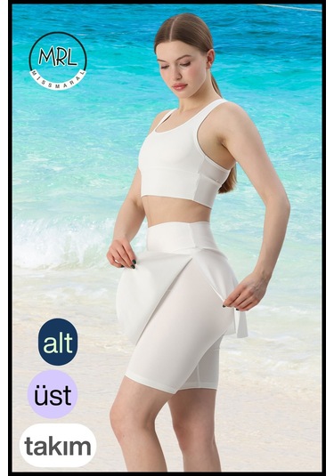 Kadın Mayo Takım Yüksek Bel Biker Etekli Şort Ve Pedli Crop Likralı Çabuk Kuruyan Kumaş Plaj Giyim Ekru