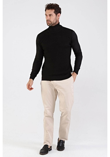 Çizgi Triko Erkek Tam Balıkçı Yaka Pamuklu Triko Kazak 4669E Siya Siyah