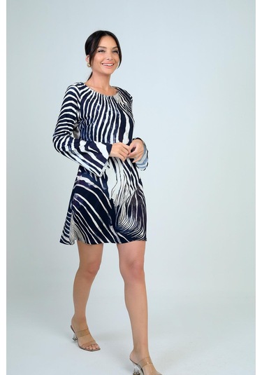 Kadın Yuvarlak Yaka Zebra Desenli İspanyol Kol Astarlı Kısa Elbise-41735 Siyah