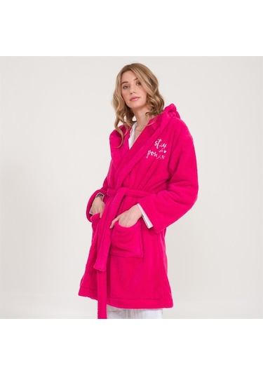 Welsoft Kapüşonlu Peluş Kadın Sabahlık Fuşya