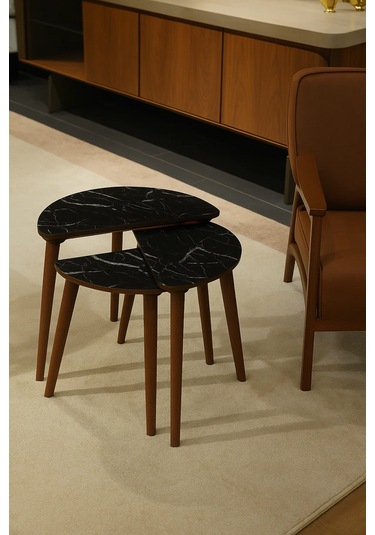 Roma 3'lü Zigon Sehpa %100 Mdf Yarım Ay Siyah Mermer Desen