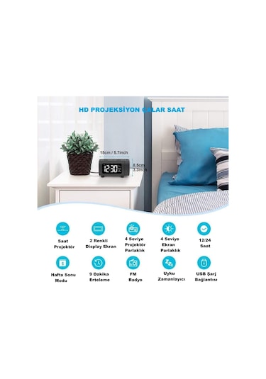 Hymark Mavi Projeksiyonlu Çalar Saat Fm Radyo Dijital Saat Usb Şarj Sıcaklık 4 Seviye Parlaklık Siyah