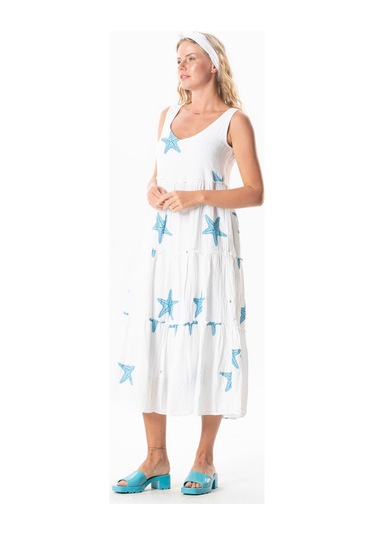 Kolsuz Artemis Oval Yaka Yıldız Baskılı Midi Boy Müslin Yazlık Elbise Beyaz Yıldız Desen Byzyldz Beyaz Yıldız Desen