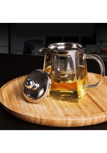 Borosilikat Cam Çelik Süzgeçli Ve Kapaklı Piramit  Demlik 750 ML Şeffaf